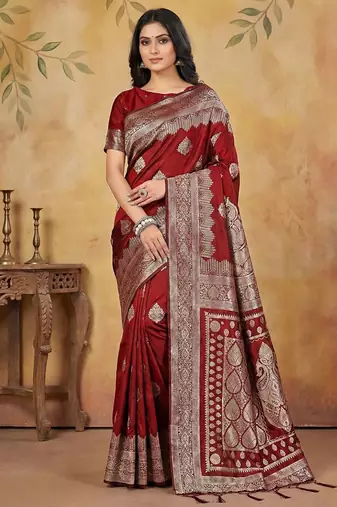 Maroon color woven work silk blend saree with blouse