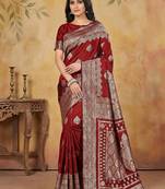 Maroon color woven work silk blend saree with blouse