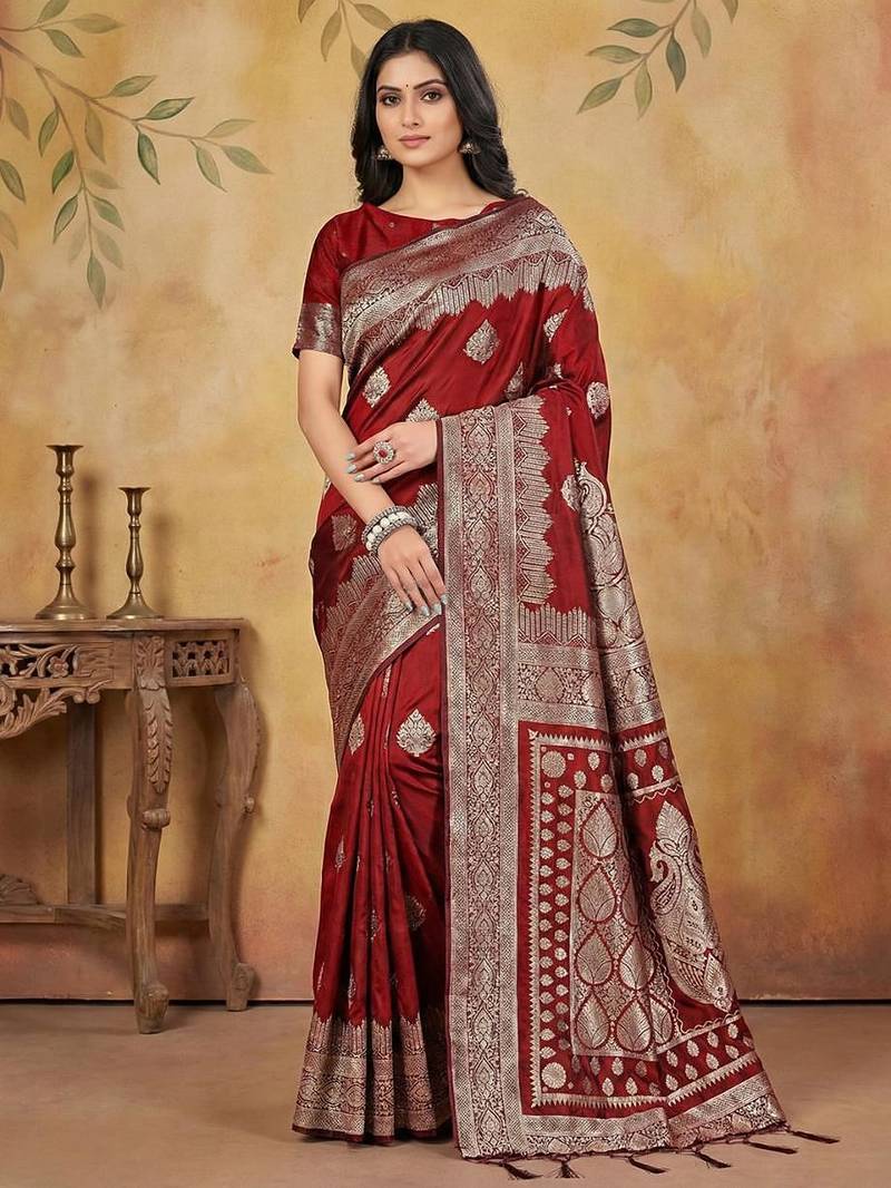 Maroon color woven work silk blend saree with blouse