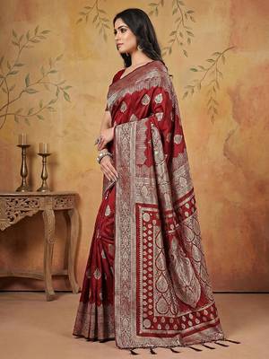 Maroon color woven work silk blend saree with blouse 2