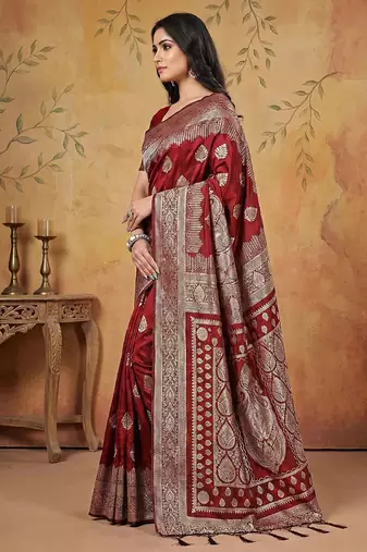 Maroon color woven work silk blend saree with blouse