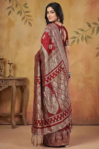 Maroon color woven work silk blend saree with blouse