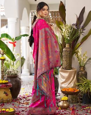 Pink woven work soft silk blend party wear saree with blouse 3