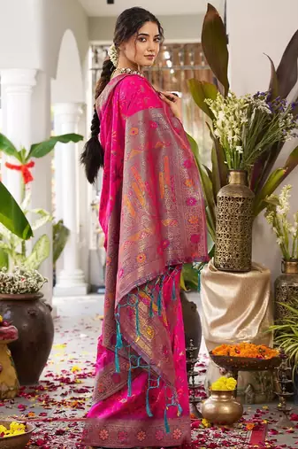Pink color woven work soft silk blend party wear saree with blouse