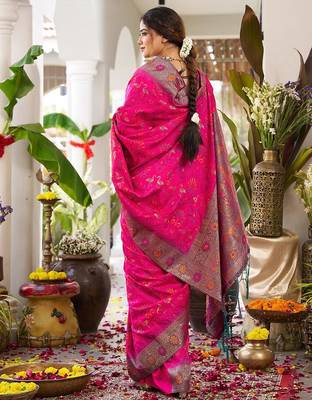 Pink woven work soft silk blend party wear saree with blouse 4