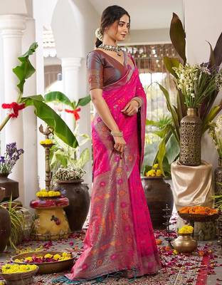 Pink woven work soft silk blend party wear saree with blouse 5