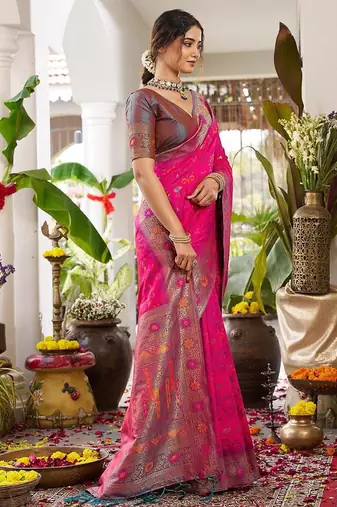 Pink color woven work soft silk blend party wear saree with blouse