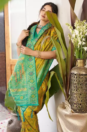 Musturd yellow color woven work soft silk blend party wear saree with blouse