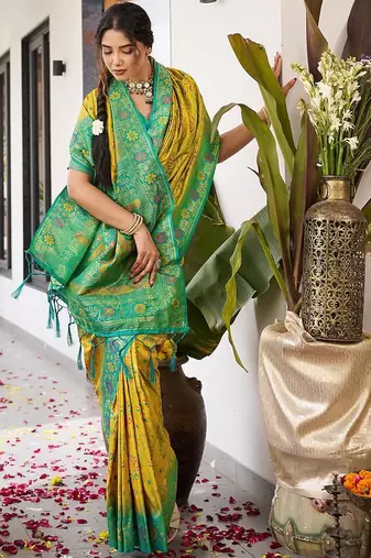 Musturd yellow color woven work soft silk blend party wear saree with blouse