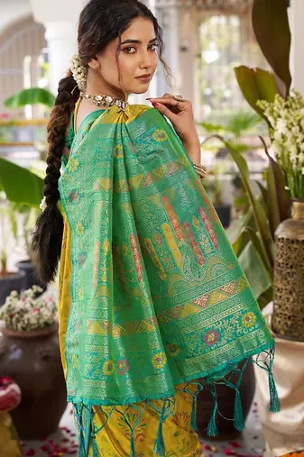 Musturd yellow color woven work soft silk blend party wear saree with blouse