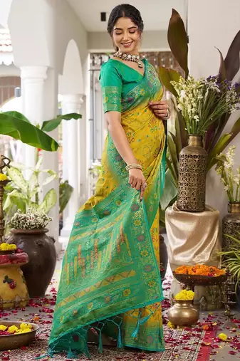 Musturd yellow color woven work soft silk blend party wear saree with blouse