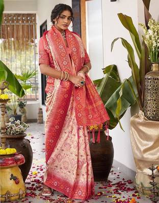 Cream color woven work soft silk blend party wear saree with blouse 3