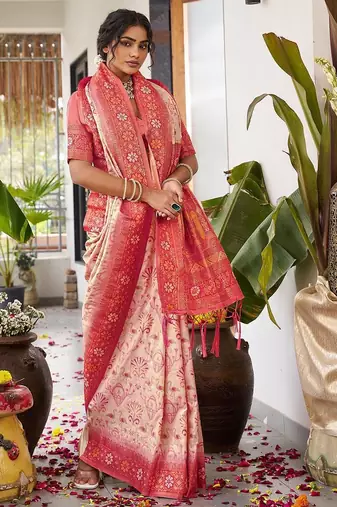 Cream color woven work soft silk blend party wear saree with blouse