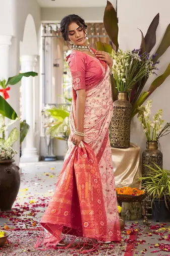 Cream color woven work soft silk blend party wear saree with blouse