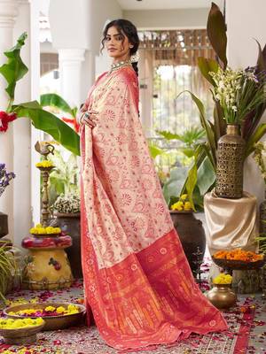 Cream color woven work soft silk blend party wear saree with blouse 5