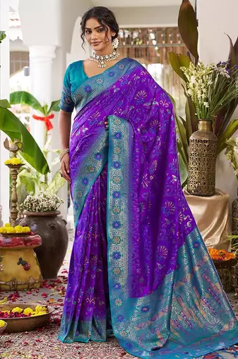 Violet color woven work soft silk party wear saree with blouse