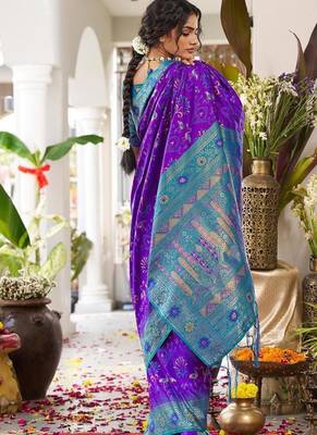 Violet color woven work soft silk blend party wear saree with blouse 3