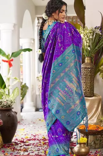 Violet color woven work soft silk blend party wear saree with blouse