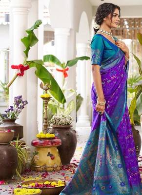 Violet color woven work soft silk blend party wear saree with blouse 4