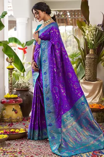 Violet color woven work soft silk blend party wear saree with blouse