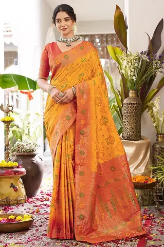 Yellow color woven work soft silk party wear saree with blouse