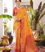 Yellow color woven work soft silk party wear saree with blouse