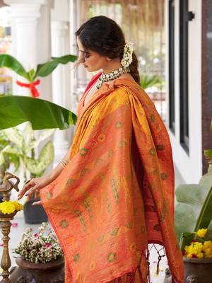 Yellow color woven work soft silk blend party wear saree with blouse 2