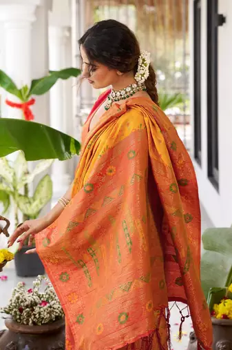 Yellow color woven work soft silk blend party wear saree with blouse
