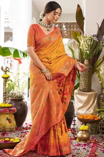 Yellow color woven work soft silk blend party wear saree with blouse