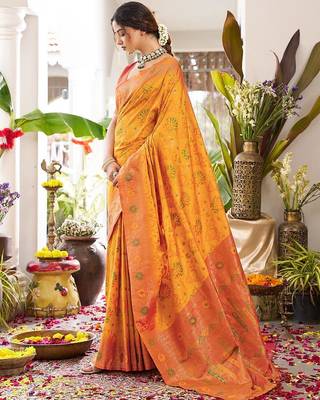 Yellow color woven work soft silk blend party wear saree with blouse 5