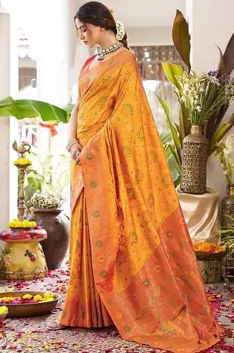 Yellow color woven work soft silk blend party wear saree with blouse