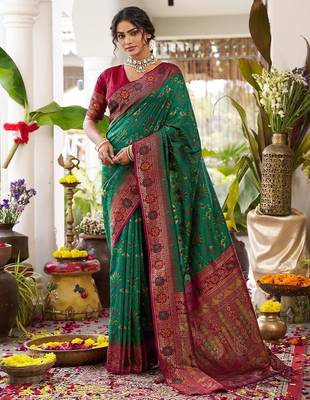 Green color woven work soft silk blend party wear saree with blouse 1