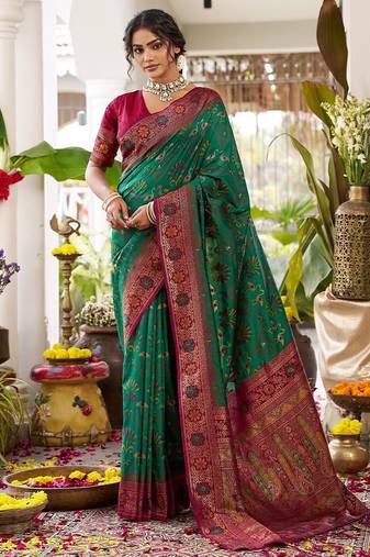 Green color woven work soft silk party wear saree with blouse