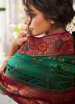 Green color woven work soft silk blend party wear saree with blouse 2