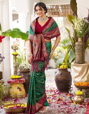 Green color woven work soft silk blend party wear saree with blouse 3