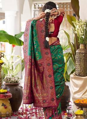 Green color woven work soft silk blend party wear saree with blouse 4