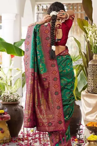 Green color woven work soft silk blend party wear saree with blouse