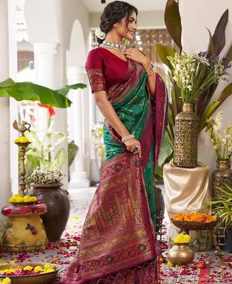 Green color woven work soft silk blend party wear saree with blouse 5