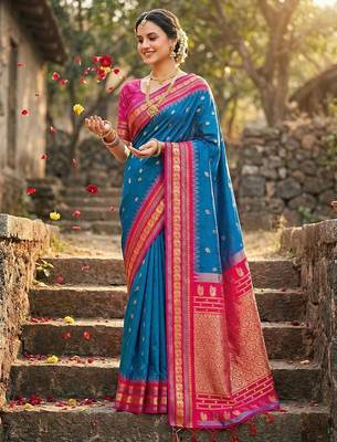 Blue woven work soft silk blend party wear saree with blouse 1