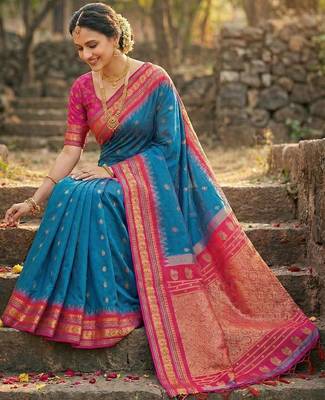 Blue woven work soft silk blend party wear saree with blouse 2