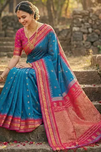 Blue color woven work soft silk blend party wear saree with blouse