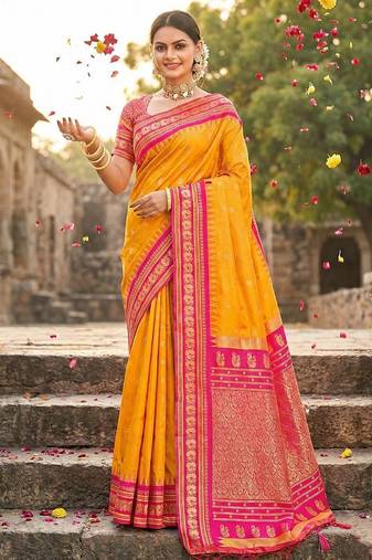 Yellow color woven work soft silk party wear saree with blouse
