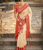 Cream color woven work soft silk party wear saree with blouse