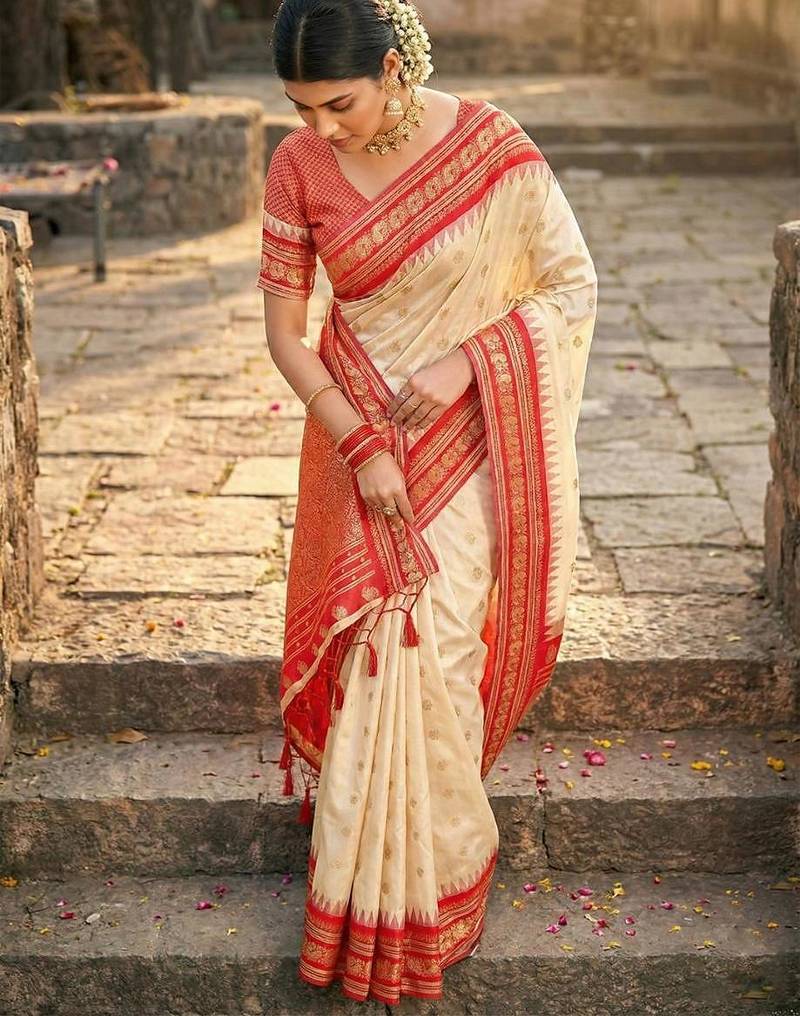 Cream color woven work soft silk party wear saree with blouse