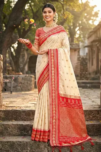Cream color woven work soft silk blend party wear saree with blouse