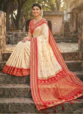 Cream color woven work soft silk blend party wear saree with blouse 3