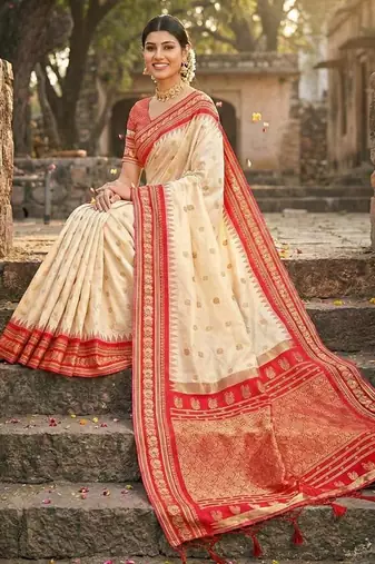 Cream color woven work soft silk blend party wear saree with blouse