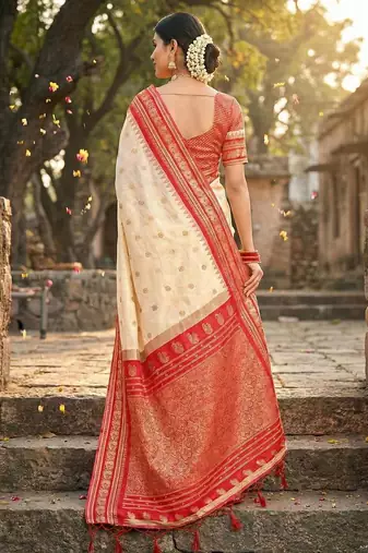 Cream color woven work soft silk blend party wear saree with blouse