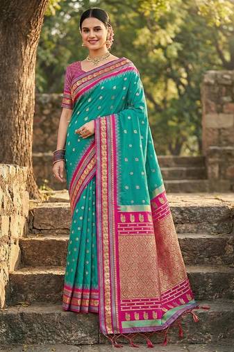 Sea green color woven work soft silk party wear saree with blouse