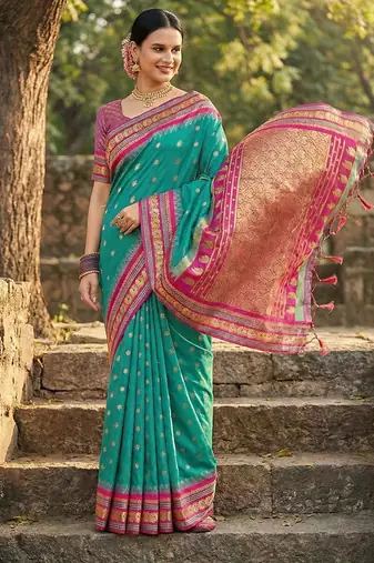 Sea green color woven work soft silk blend party wear saree with blouse